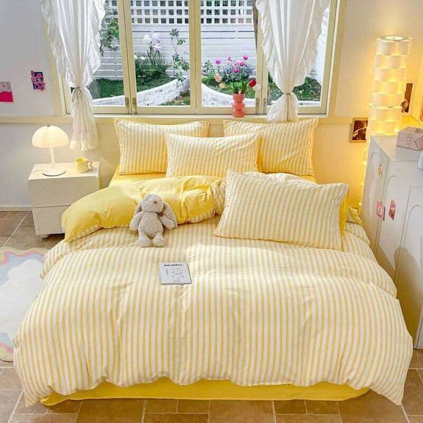 3pcs Yellow Stripe Duvet Modern Geometry Bedding Set Fashion Home Comforter Polyester Quilt Cover with 2 Pillowcases 26Y0604