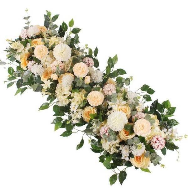 Champagne & White Flower Runner, Artificial Floral Arrangement with Greenery for Wedding Decor L260601