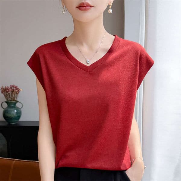 2026 Spring/Summer New Fine Knit V-Neck Sweater With Small Flutter Sleeves, Short-Sleeved Women's Solid Color Loose-Fit Base Shirt Top T-Shirt 084