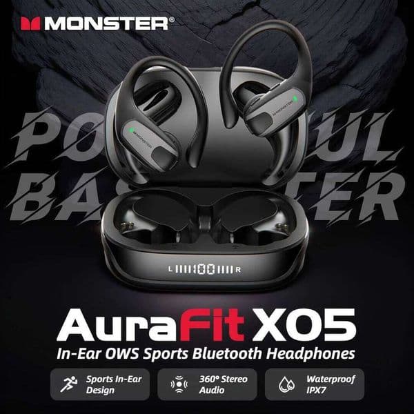 Monster AuraFit X05 In-Ear OWS Earphones Air Conduction Sports Wireless Headphone IPX7 Waterproof BT Ear Hook 26Y0604