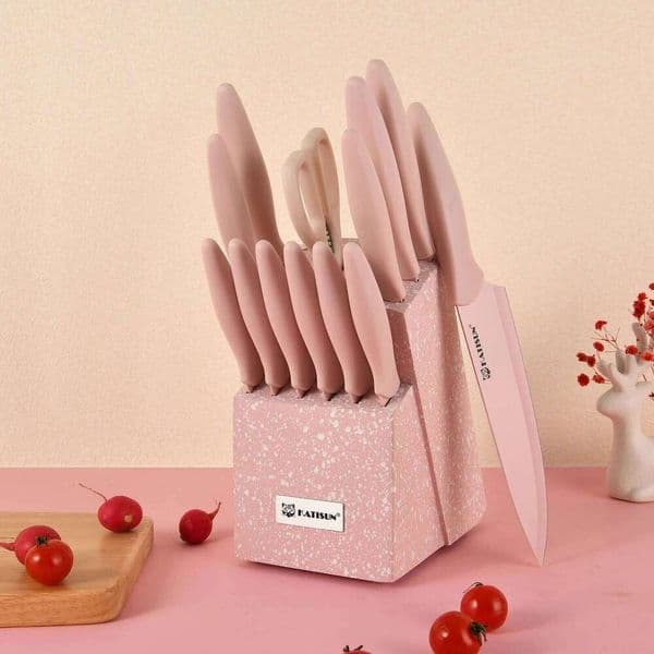 14 Pieces Pink Kitchen Knife Set , Anti-Rust Color Titanium Coated Carbon Steel, 12 Knives with Shears and Block W260604