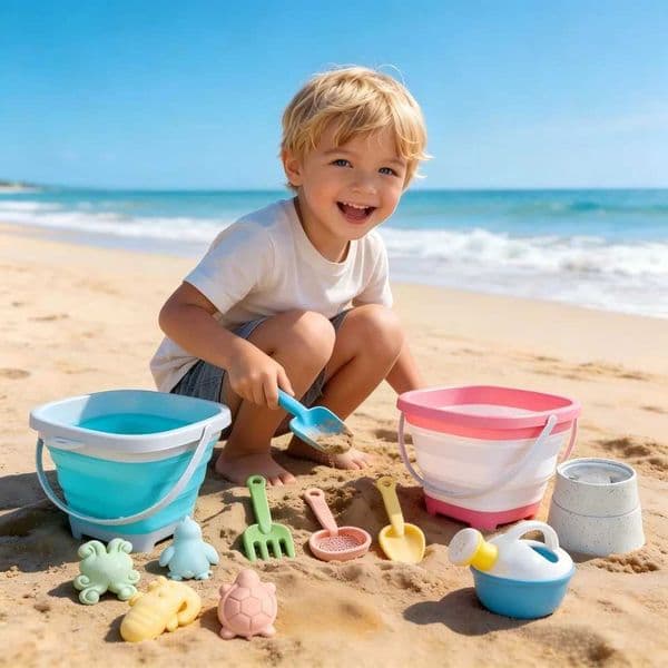Toy Beach Set for Kids Collapsible Silicone Bucket and Shovels Set with Sand Molds Beach Essentials for Outdoor Play SummerT260604