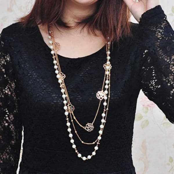 with Popular Long Sweater Chain Multi layer Pearl Rose Blossom Womens Clothing Accessories Necklace L260604