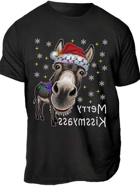 T-Shirt Mens Women Funny Christmas with Donkey Ears Merry myass Humorous Novelty Party Wear Pranks Cotton T Loose Top D260604