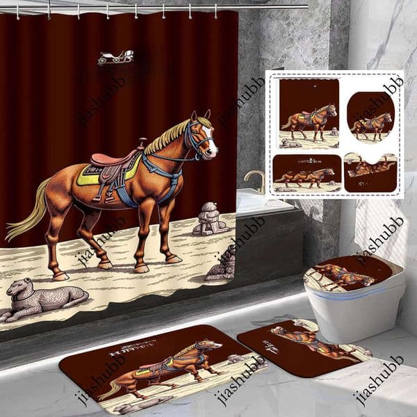 Decorative 4 Piece Non Slip Bath Mat Set with Anti Peeping Shower Curtain and Deodorizing Pad