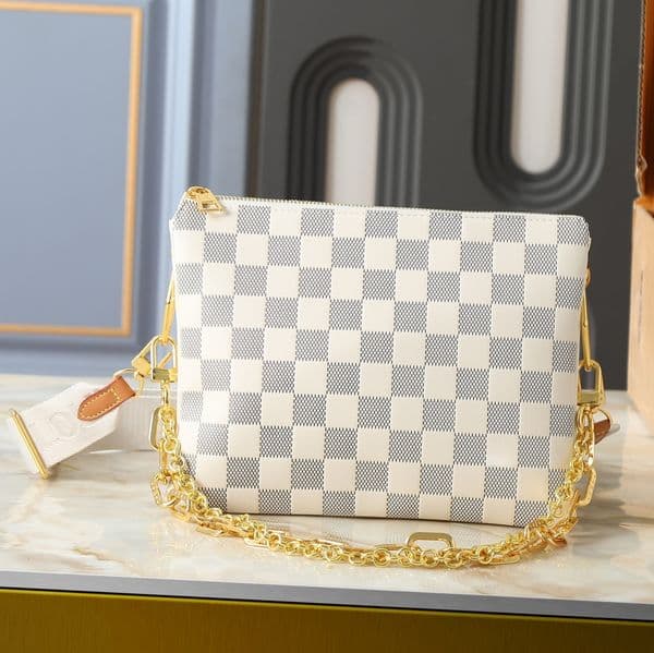 Women Luxury Damier Check COUSSIN Leather Handbag Square Chain Crossbody Shoulder Bag Designer Daily Tote Purse Card Case Pouch