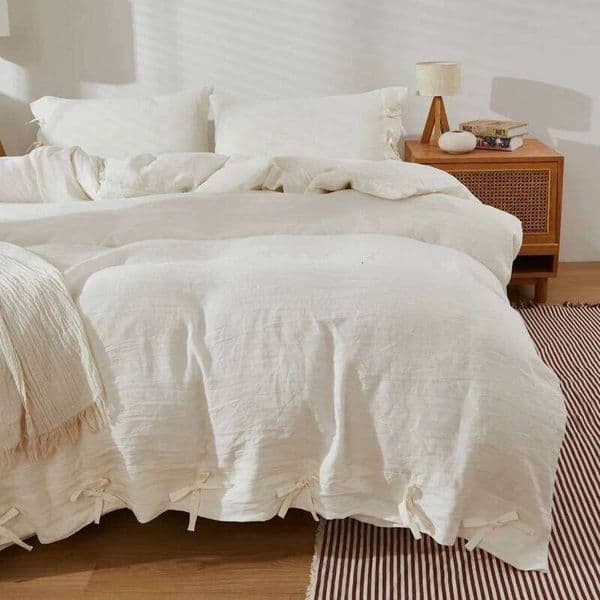 100% Linen Bedding Set,1 Duvet Cover with Tie Closure,2 Pillowcases,Fitted Sheet,Soft, Machine Washable,White 26L0604