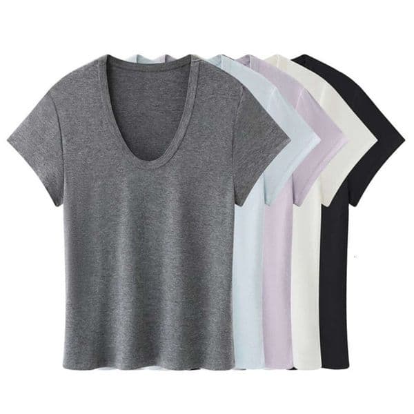 Simple And Versatile Slim-Fit Short-Sleeve T-Shirt With Small Flutter Sleeves, 2026 New Fashion Trend, Korean Style Solid Color U-Neck Short-Sleeve For Women 163