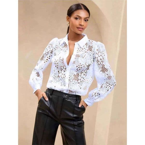 Woman's Spring Autumn New Solid-Color Shirt Fashionable Lace Cutout Long-Sleeved Fitted Lapel Top Elegant Lady Blouses