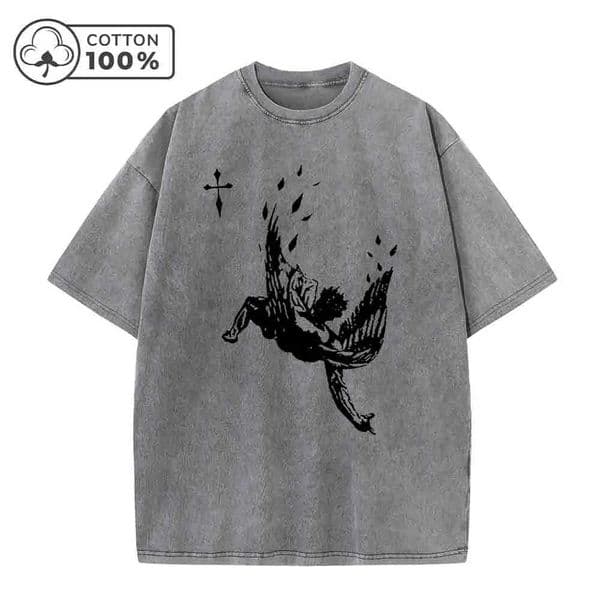 Mens Fashion Street Style Washed T Shirt With Fallen Angel Print Loose Fit Casual Pure Cotton Short Sleeve Vacation Commute Top C260604