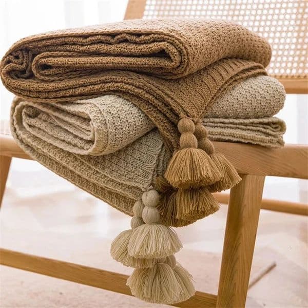 Nordic Blankets for Bed Sofa Couch Chunky Knit Bedspread Knitted Throw Blanket with Tassel Plain Color Waffle Embossed Blanket 260603