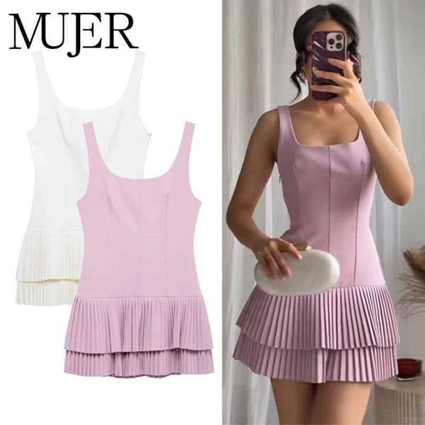 MUJER 2025 Pleated Mini Dress Women Jumpsuit Backless Short Dresses for Women Straps Playsuit Dress Woman Party Womens Dress L260604