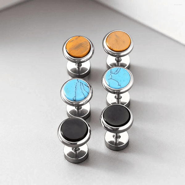 Stud Earrings Classic Stainless Steel Round Agate Turquoise Inlaid Screw Back For Women Men
