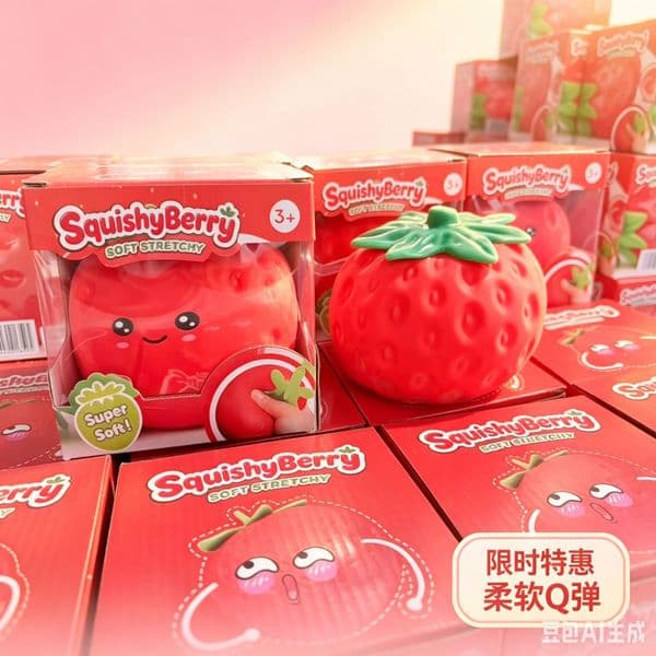 Kawaii Smiley Strawberry Squishy Toy, Soft Stretchy Fruit Squeeze Stress Relief Toy, Novelty Desk Decor Vent Toy for Kids Adults BY SEA