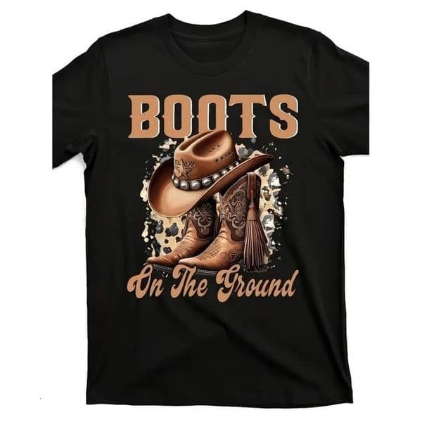 Cowboy Boots On The Ground TShirt Western Cowboy Hat Graphic Tee Black Country Music Casual Shirt w260603