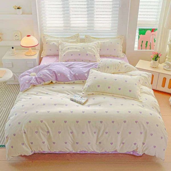 Sweet Purple Love Heart Bedding For Girls Adults Children Bed Cover And Flat Sheet Set Pillowcases Soft Full Size 3/4pcs 26Y0604