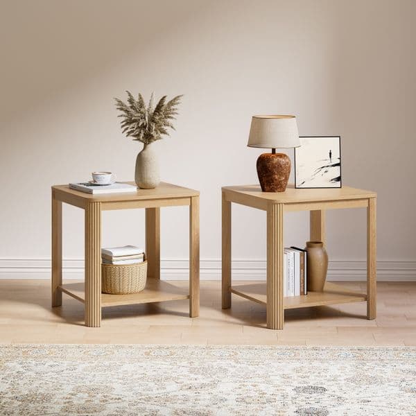 2pcs Rounded Corner End Table with Vertical Wave Grain Legs 2-Tier Boho Side Table 22.1'' Square Nightstand for Small Spaces for Living Room Bedroom Home Office