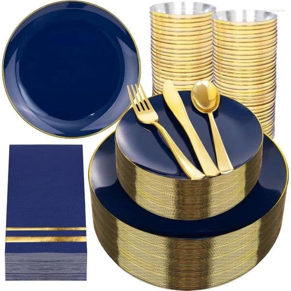 Plates 350PCS Navy Blue Plastic Disposable Dinnerware Set For 50 Guests 100 Dinner Dessert 150 Gold Silverware C