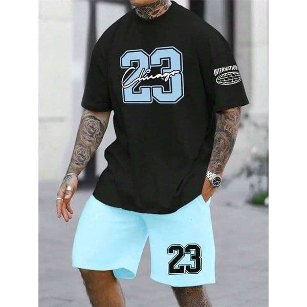 2024 New Men's Short Sleeve 2-Piece Tracksuit Fashion 23 Digital Printed Crewneck T-Shirt and Drawstring Shorts Set 26Y0604
