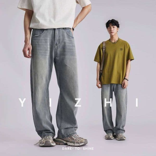 Men's Korean Style Draped Wide Leg Jeans 2026 Summer Elastic Waist Loose Curved Pants Streetwear Commuter Casual Long Trousers 26W0604