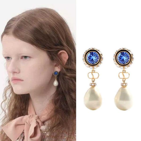 Designer Luxury Round Blue Crystal Halo Dangle Earrings Hollow Metal Link Teardrop Pearl Drop Vintage Elegant Wedding Party Womens Statement Jewelry
