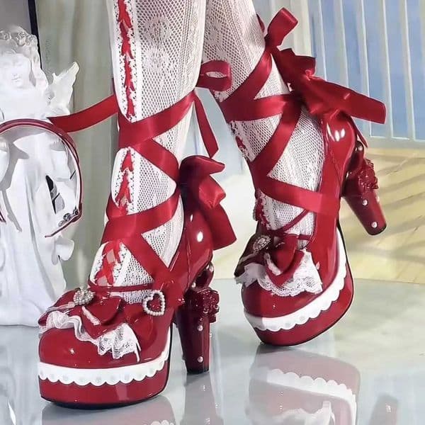 Original Sweet Lolita High Heels Big Size 42 Japanese Style Cosplay Women Leather Shoe Red Rhinestone Street Y2k shoes girl cute H260604