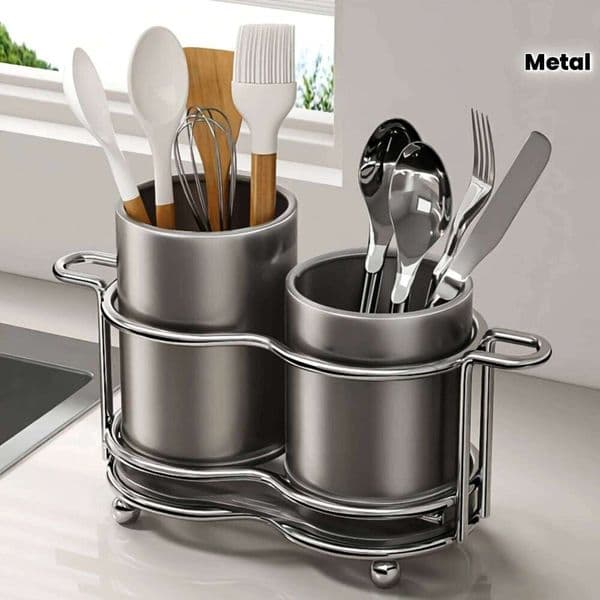 2-Compartment Cutlery Holder Metal Frame, Kitchen Utensil Organizer for Countertop, Silverware Storage Tray with Dividers