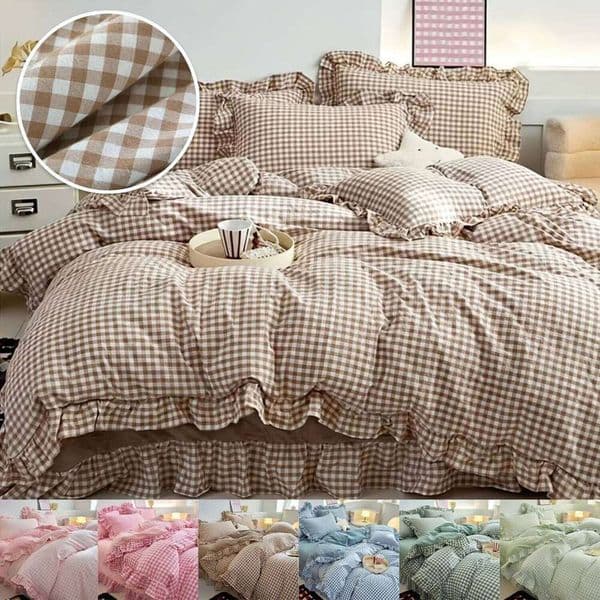 4PCS/set Duvet (1*Duvet 1*Bed Sheet + 2*Pillowcase) Plaid Quilt Cover Comfortable Ruffle Bedding Set Bedspread 26L0604
