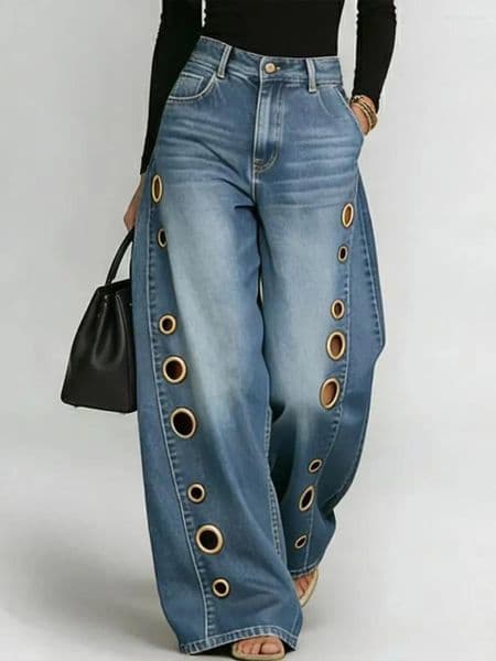 Women's Jeans High Waist Wide Leg Blue Denim Gold Eyelet Cutout Decor Loose Fit Streetwear Casual Y2K Trousers