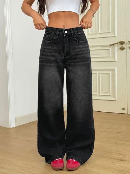 Women's Jeans Retro High Waist Fashion Y2K Straight Loose Denim Trousers Casual Vintage Washed Black Gary Girls Pants