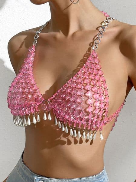 Sexy pink halter Metal rhinestone corset crop top women summer see through beach party club tank top y2k womens tops rave outfit 260530