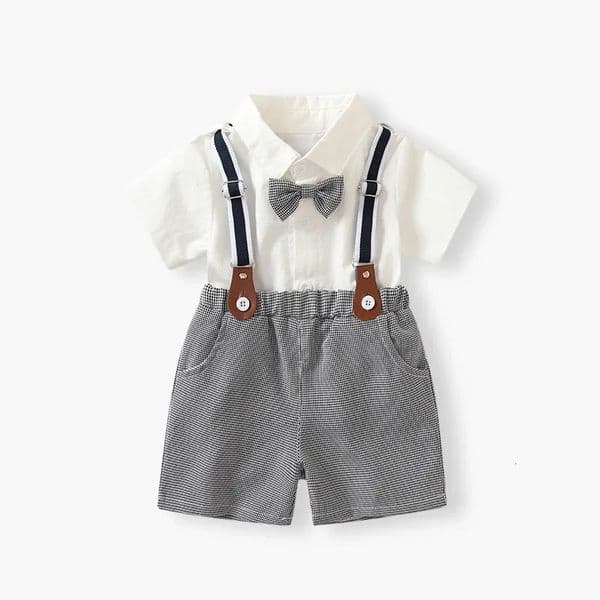 Boy Dapper Outfit Two Piece Set White Short Sleeve Shirt Gingham Shorts Suspenders Bow Tie Gentleman Clothing for ren z260605
