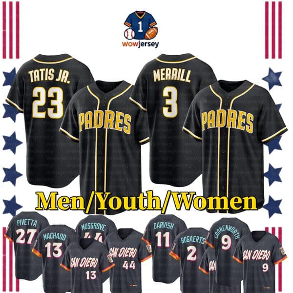 San DiegoS Padres Black Out Baseball Jersey Fernando Tatis Jr Jackson Merrill Xander Bogaerts Nick Pivetta Mason Miller jersey Matsui Darvish Randy Jones Gwynn