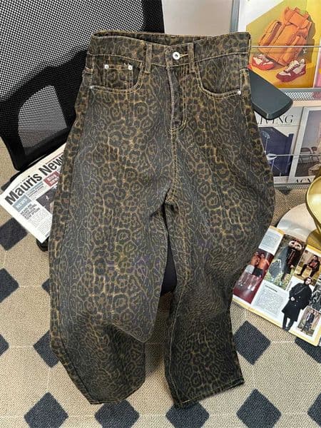 Autumn Leopard Print Jeans For Men Fashion Retro Denim Pants American Casual High Street Loose Male Straight Leg TrousersT260605
