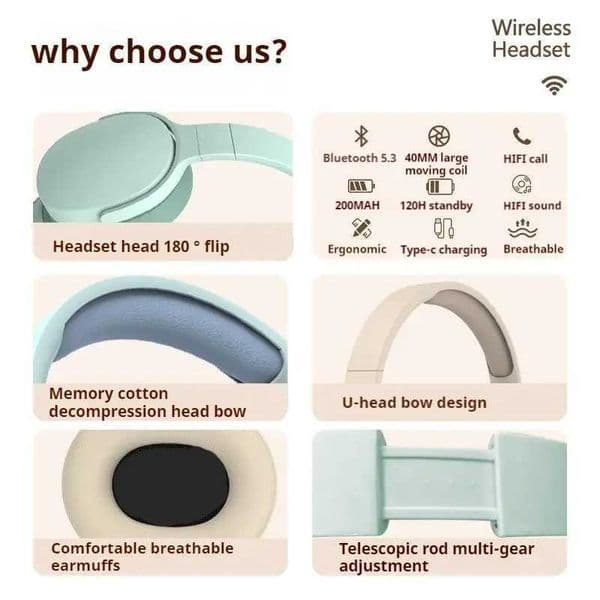 Surround Sound 9D Wireless Bluetooth Headphones Over Ear Headsets True Sports Earphones Support TF/AUX Music Player with HD MicL260604