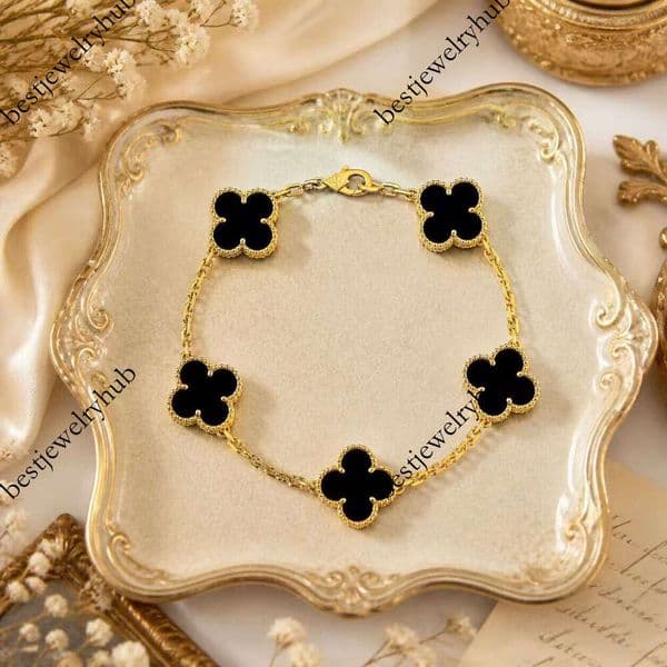 Designer Jewelry Vanly clif High-end CNC precision-crafted four-leaf clover bracelet with double-sided black mother-of-pearl and agate chalcedony