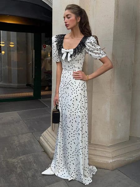 Polka Dot Dress Women Square Neck Short Sleeves Lace Patchwork Bow High Waist Robe Female 2026 Summer Chic Party Dresses 260604