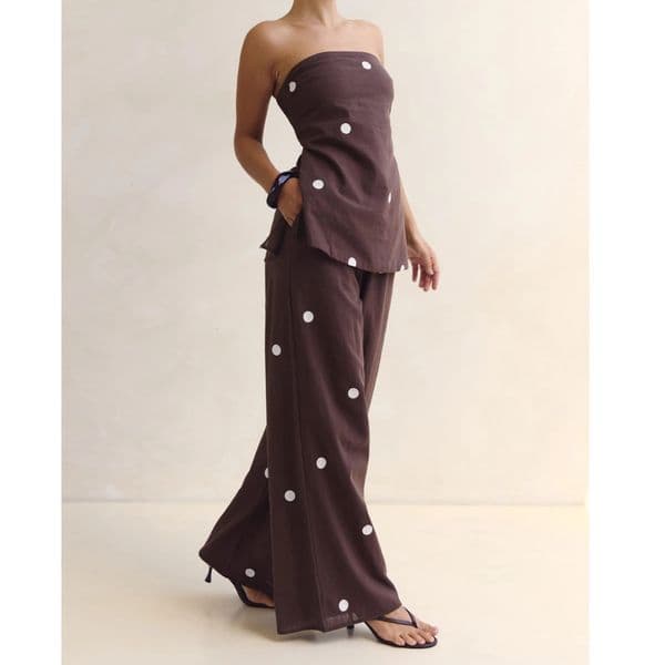Elegant Womens Sleeveless Strapless 2-Piece Outfit with Dot Print Tube Top And Wide Leg Pants Casual Ensemble 260604