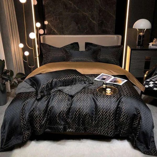 2026 New Luxury Black Gold cologne Yarndyed Jacquard Egyptian Cotton Bedding Set Satin Smooth Duvet Cover Flat/Fitted Sheet perfume Pillowcases 4Pcs Free Shippi 31
