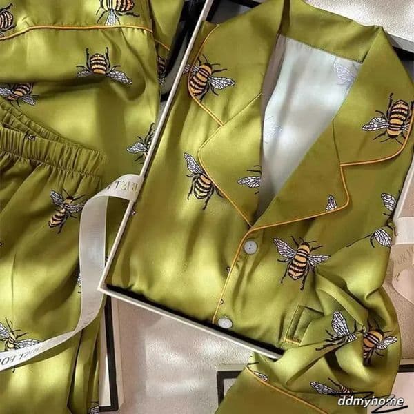 2026 New Lingerie pijamas woman Bee Print Women's Pama Set - Faux Silk Satin 2-Piece Pyjama Long Sleeve Sleepwear For Spring/Autumn Free Shipping 12