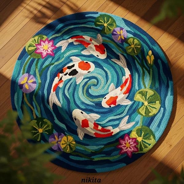 Koi Fish Pattern Round Area Rug Soft Non Slip Floor Mat for Living Room and Bedroom Durable Machine Washable Home Decor 260601
