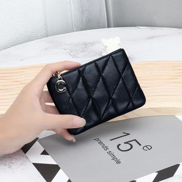 Womens Coin Purse Mini Change Wallet Pouch Leather Card Holder with Key Chain Zip Sheepskin Thin Plaid 260605