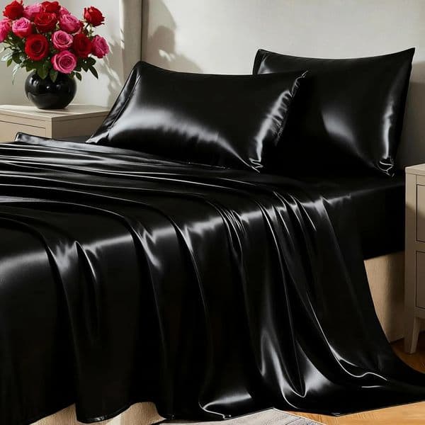 Queen Size Satin Sheets Set - 4 Piece Silky Microfiber Includes Fitted Sheet Flat Sheet and Pillowcases 260604