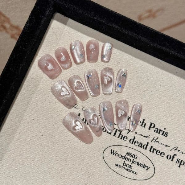 Handmade Press on Nails Sweet Pink Cat Eye Fake Nails Wearable Full Cover Shiny Love Korean Oval Head Fake Nails Manicure Set 260605