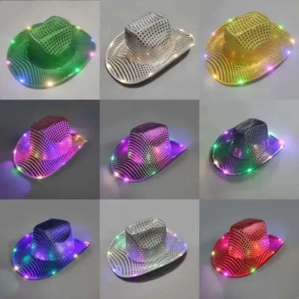 Luxury Designer Decor LED Flashing Shinny Cute Hat Light Up Sequin Cowboy Hats room Luminous Caps Halloween Christmas Costume Supplies Decor 2