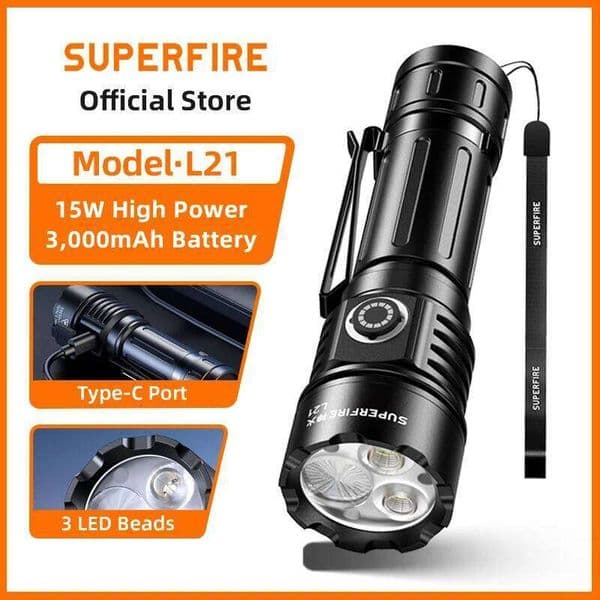 SUPERFIRE L21 15W Multi-gear 3 LED Beads Flashlight Rechargeable Torch Multifunctional Work light With Battery Outdoor Lantern 26L0605