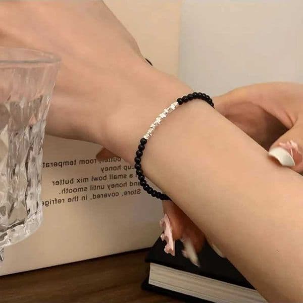 Women Sliver-plated Black Agate For Girl Bead Korean Versatile Design Simple Jewelry Gift M260605