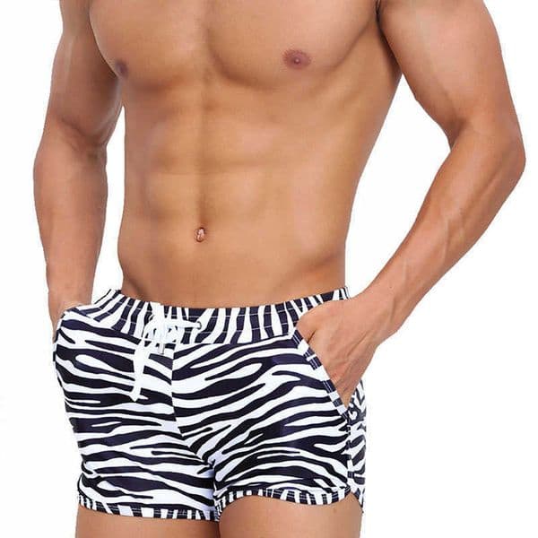 Men Zebra Printed Swim Trunk Sexy Boxer Shorts with Pockets for Surfing and Beach Sports Mens Swimming Pants Swimsuit Swimwear M260605