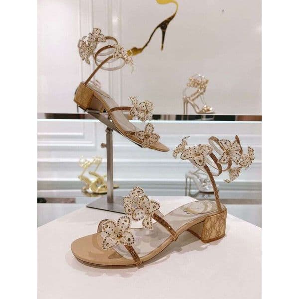 Rene Caovillas Heel Elegant Floriane Designer Sandals Shoes Satin Flowers Snake Spiral Wraps Strappy Chunky Heels Lady Party Wedding Lady Gladiator Sandalias 1Fe