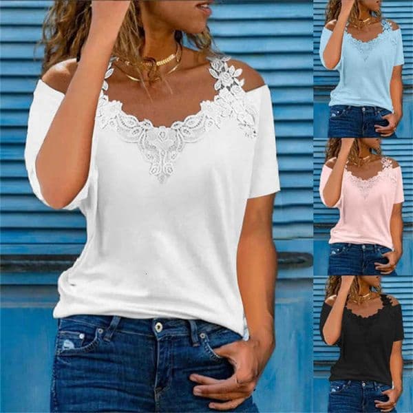 Lace Summer Short Sleeve Sexy Shirt Women Casual V Neck Loose T Shirt Ladies Hollow Off The Shoulders Sling Elegant Pullover Top M260605
